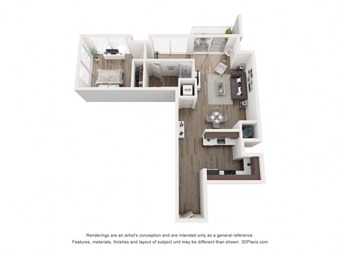 Floor plan for 1 bed, 1 bath, 749 sqft